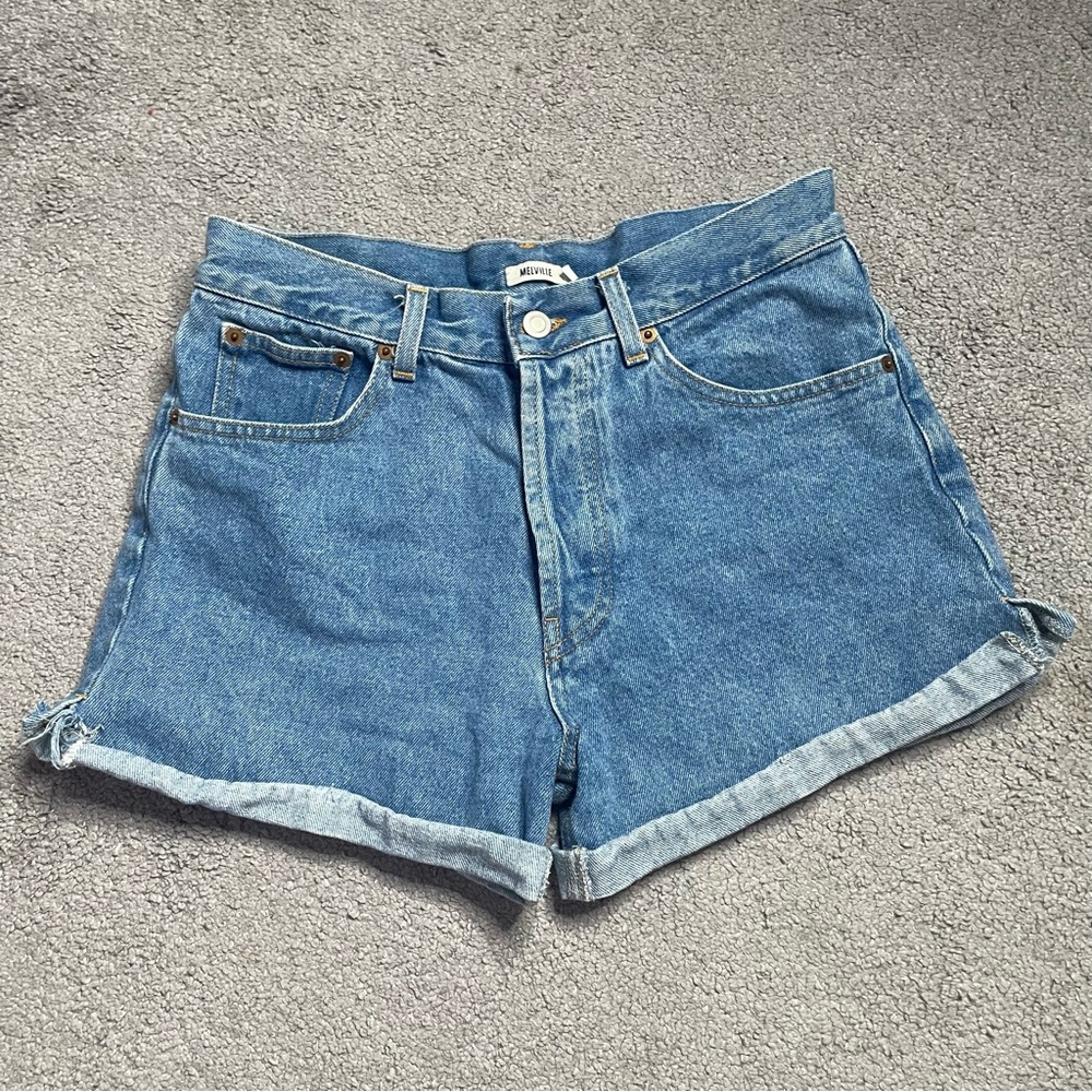 Melville Women Blue Denim Rolled Slide Slit Cuff Hem Button Fly Jean Shorts 42